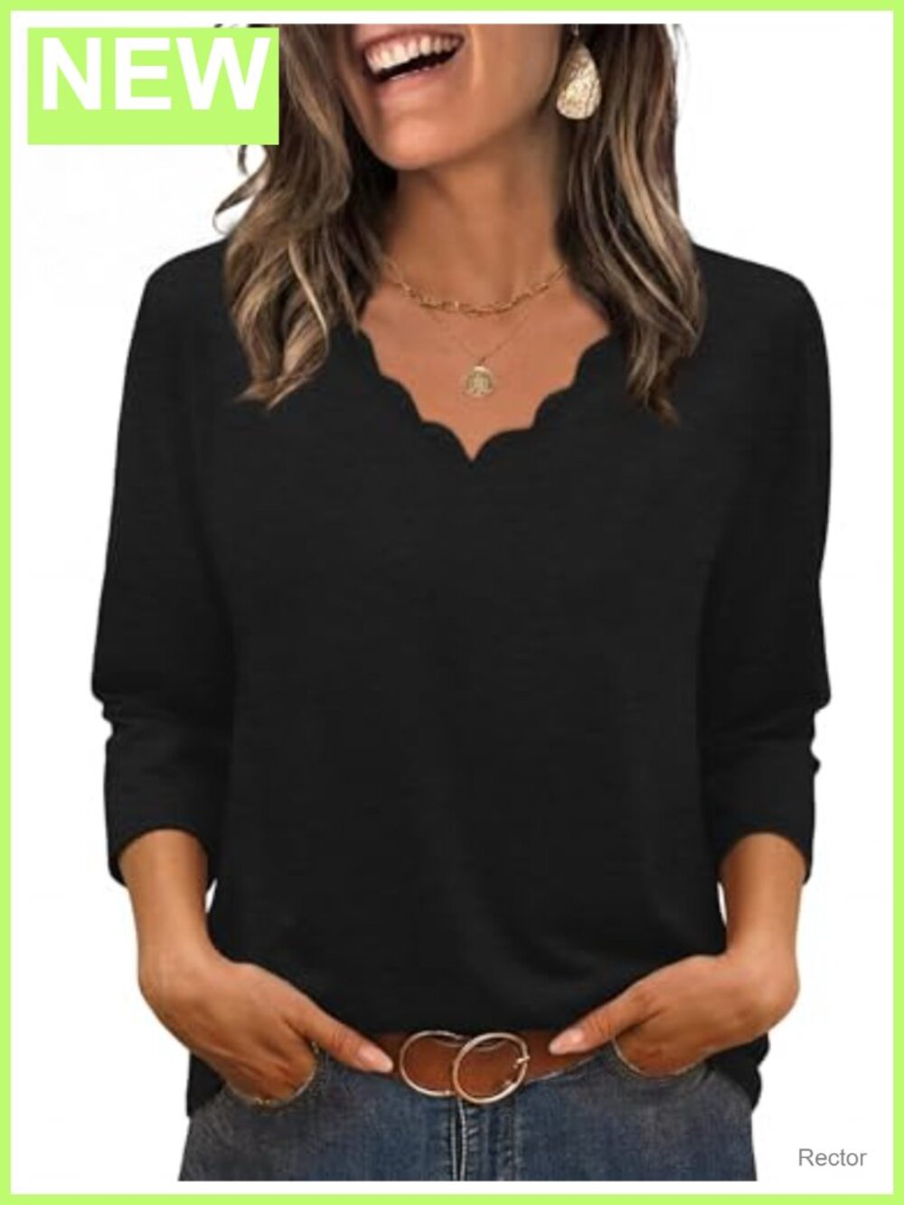 Womens Scalloped V-Neck Top 3/4 Sleeve Blouse Casual Summer Shirt